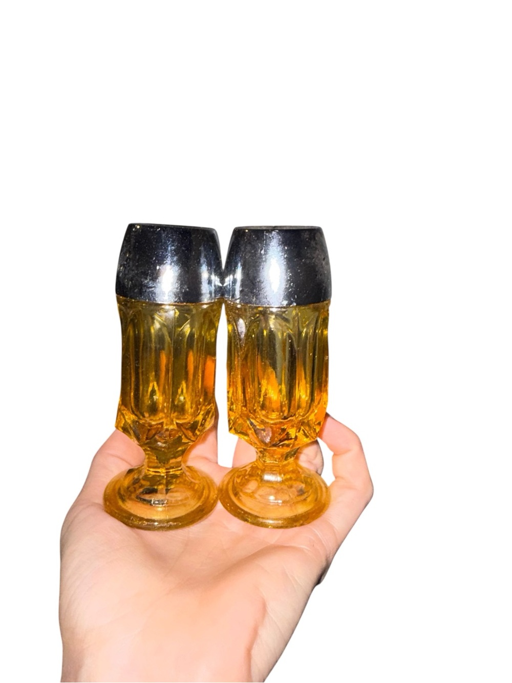 Vintage Amber Glass Salt and Pepper Shakers with Silver Tops - Set of 2